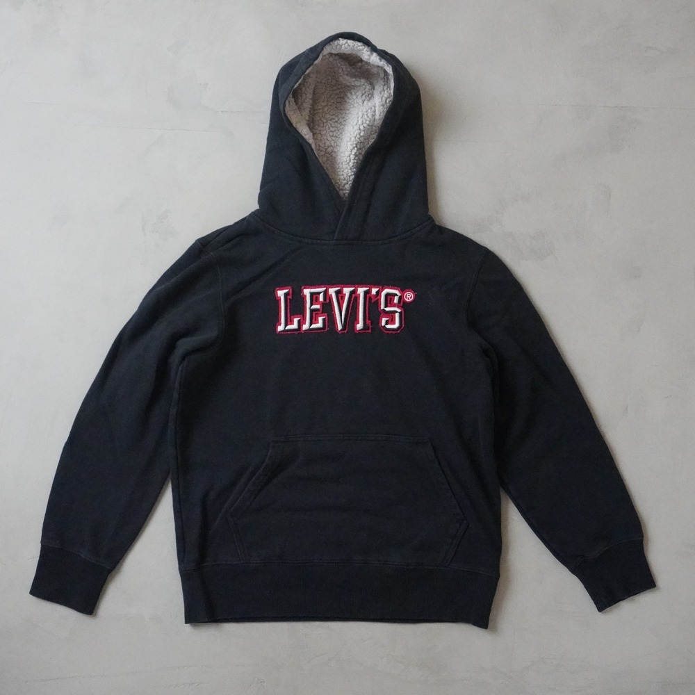 Levis Embroidered Logo Hoodie Medium Boys 10-12 Black Sherpa Lined Hood Pullover